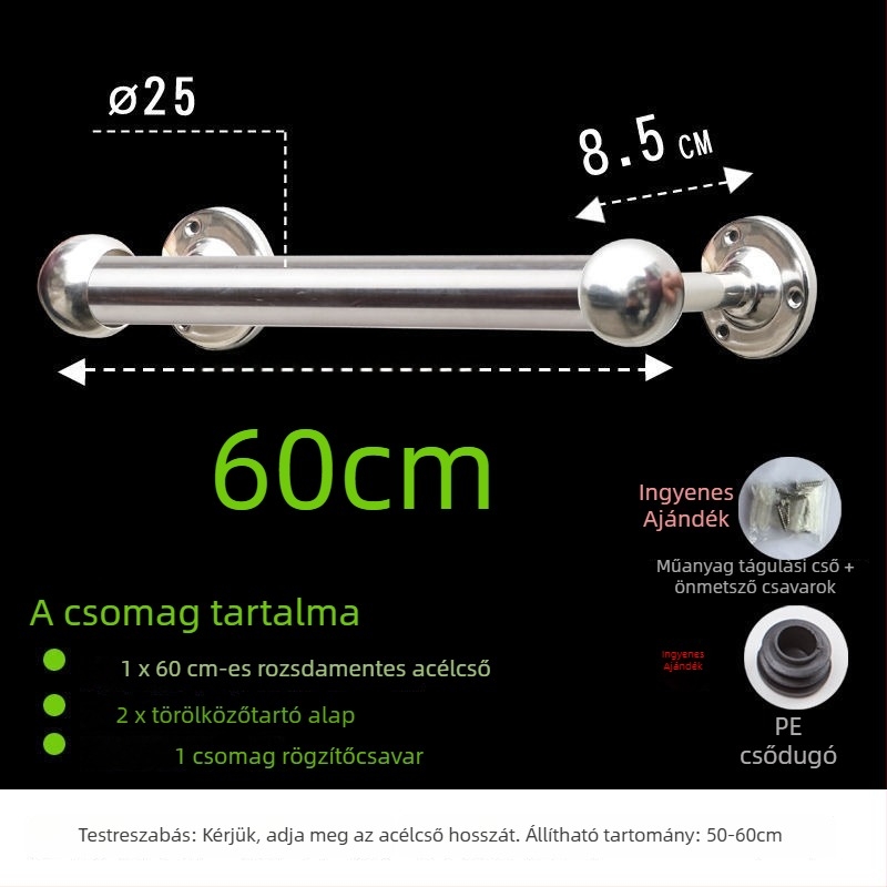 Rozsdamentes acél törölközőtartó, fürdőszobai, falra szerelhető, egykaros