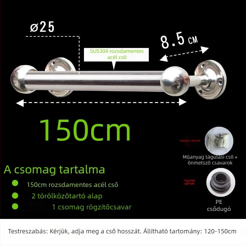 Rozsdamentes acél törölközőtartó, fürdőszobai, falra szerelhető, egykaros