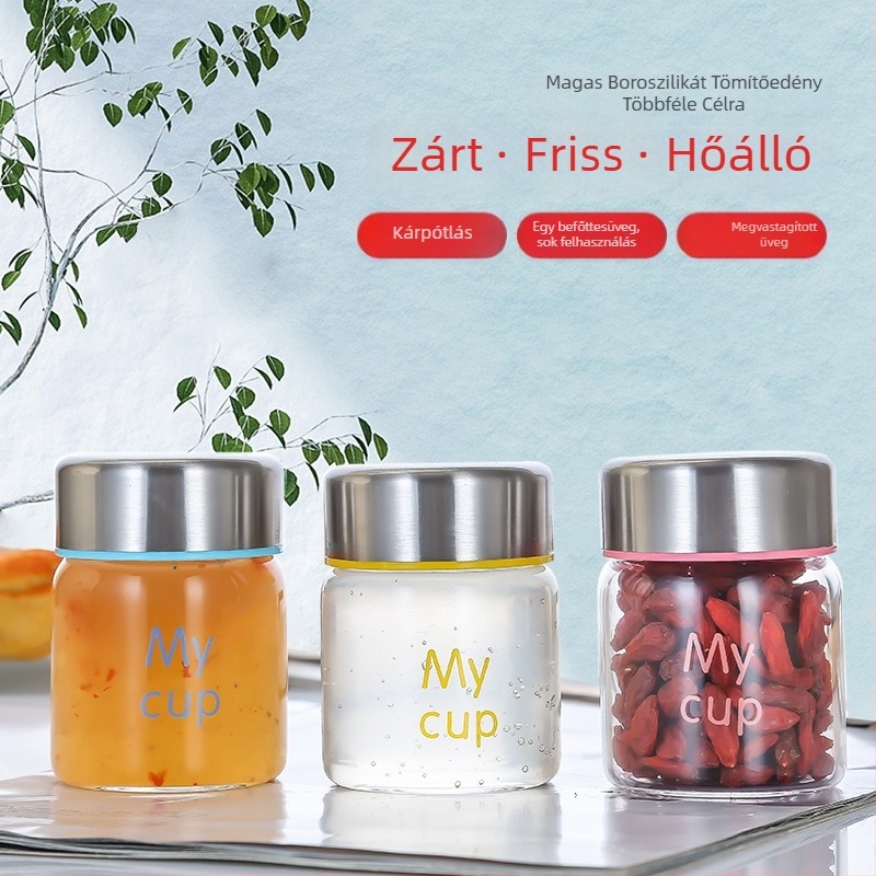 Mini zárható boroszilíkat üveg, magas hőállósággal, marmeládához, mézhez és madárfészekhez, logóval