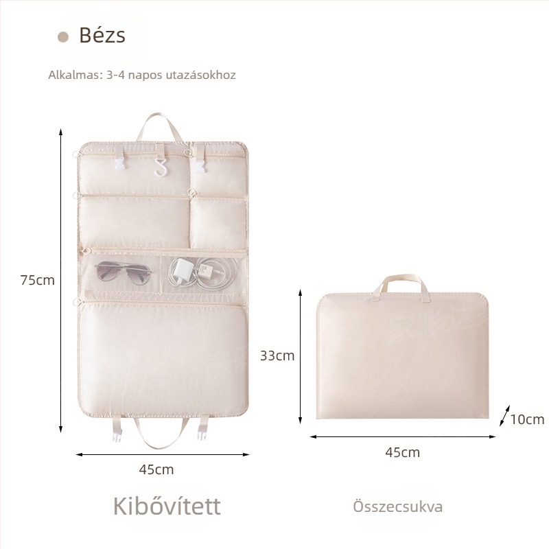 7 az 1-ben utazási tároló táska ruhákhoz, cipőkhez és sminkhez – hordozható, tartós, porvédett, akasztós tároló