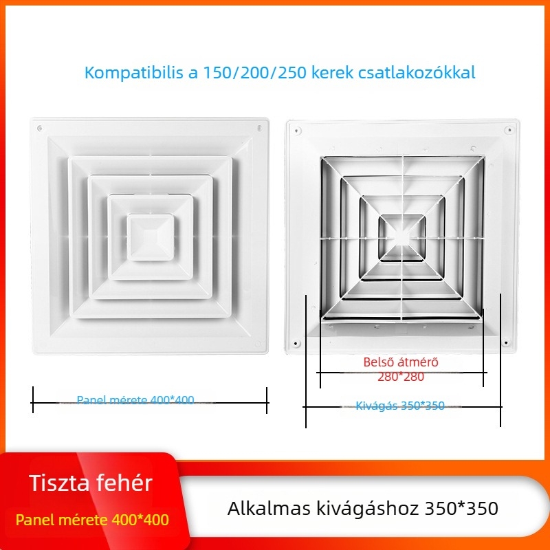 ABS négyszögletes diffúzor, műanyag négyszög-kör adapter és állítható szelep a mennyezeti központi klímaberendezés kifúvónyílásához