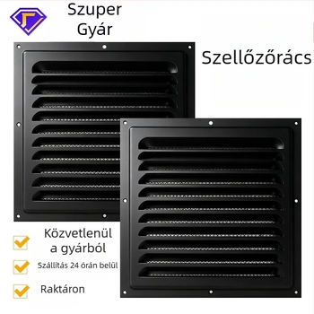 Kültéri falon lévő fekete, sík négyszögletes lamellás szellőző, fémrács