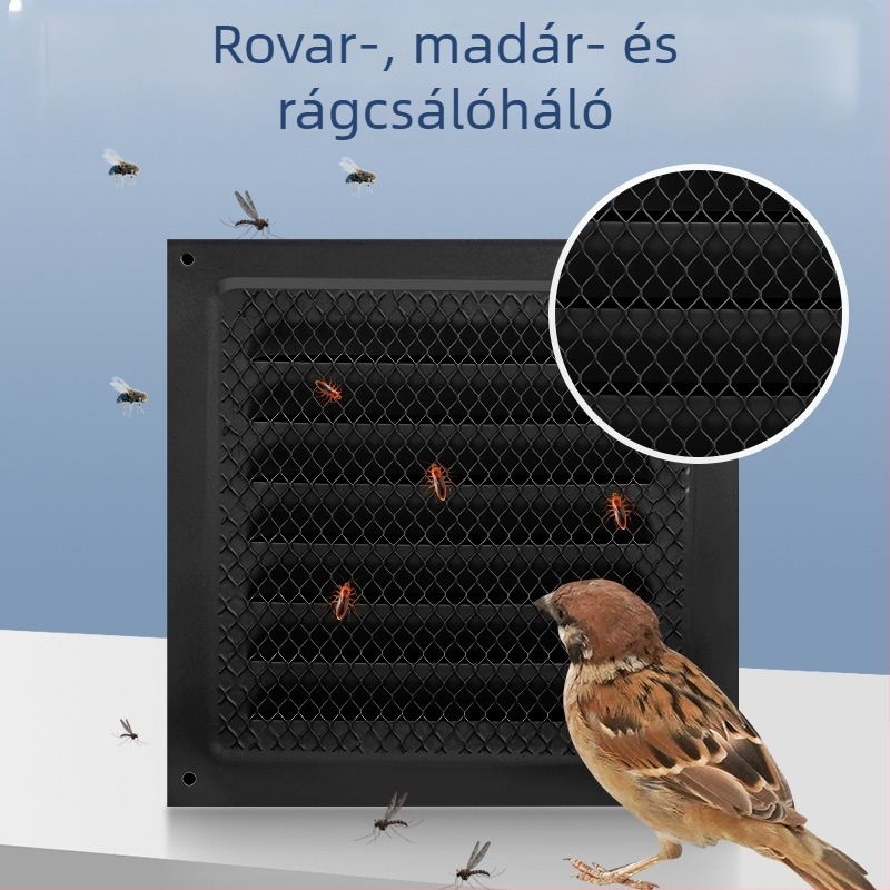 Kültéri falon lévő fekete, sík négyszögletes lamellás szellőző, fémrács