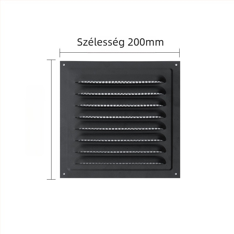 Kültéri falon lévő fekete, sík négyszögletes lamellás szellőző, fémrács
