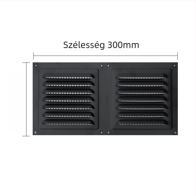 Kültéri falon lévő fekete, sík négyszögletes lamellás szellőző, fémrács