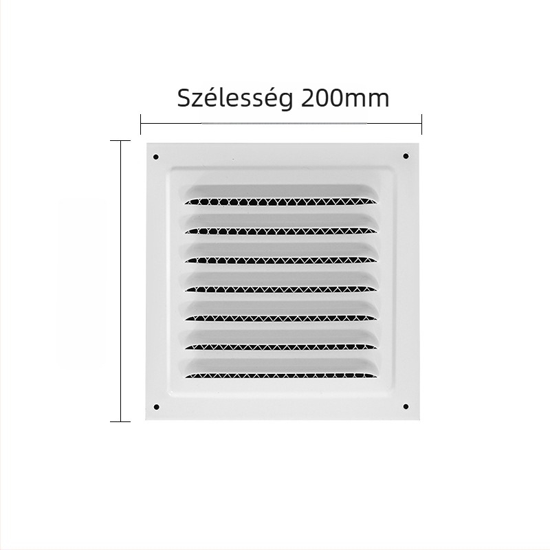 Kültéri falon lévő fekete, sík négyszögletes lamellás szellőző, fémrács