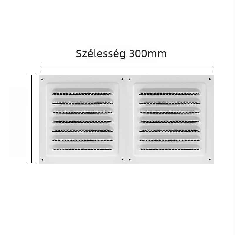 Kültéri falon lévő fekete, sík négyszögletes lamellás szellőző, fémrács