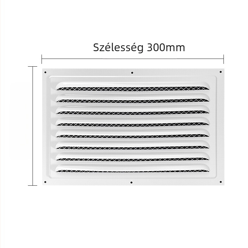 Kültéri falon lévő fekete, sík négyszögletes lamellás szellőző, fémrács