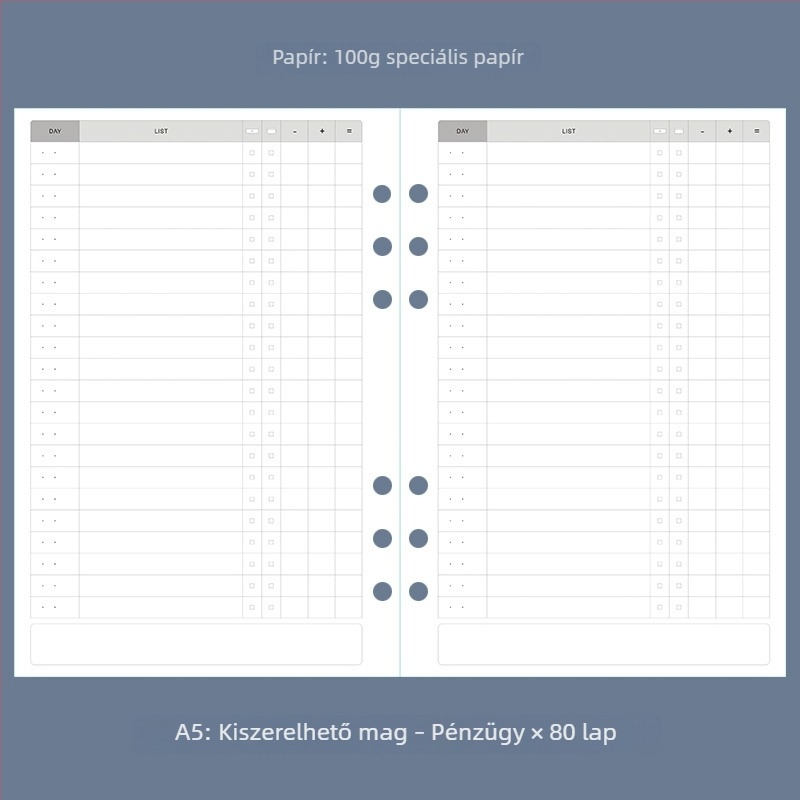 A5-ös notesz könyveléshez, hatlyukas rendszer, pontozott rács, heti és havi tervező