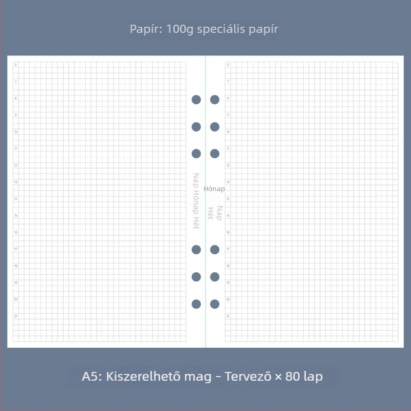 A5-ös notesz könyveléshez, hatlyukas rendszer, pontozott rács, heti és havi tervező