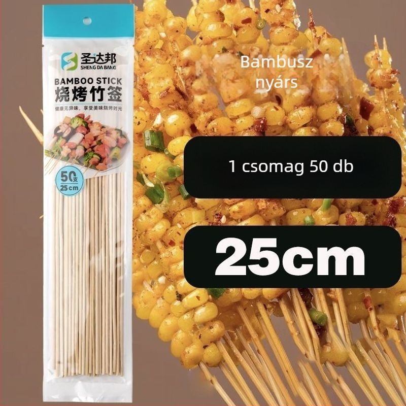 Elhasználható bambusznyárs grillhez – kolbász, odén és csípős hot pot, 25 cm hosszú, 0,15 mm vastagságú, 50 darab csomagolásonként, 2026 kiadás