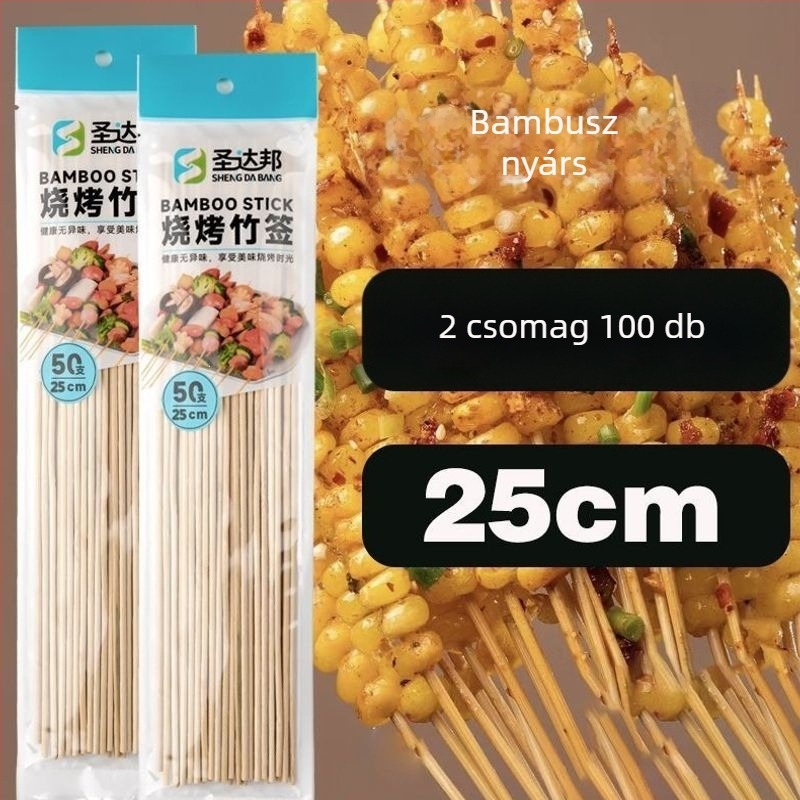 Elhasználható bambusznyárs grillhez – kolbász, odén és csípős hot pot, 25 cm hosszú, 0,15 mm vastagságú, 50 darab csomagolásonként, 2026 kiadás