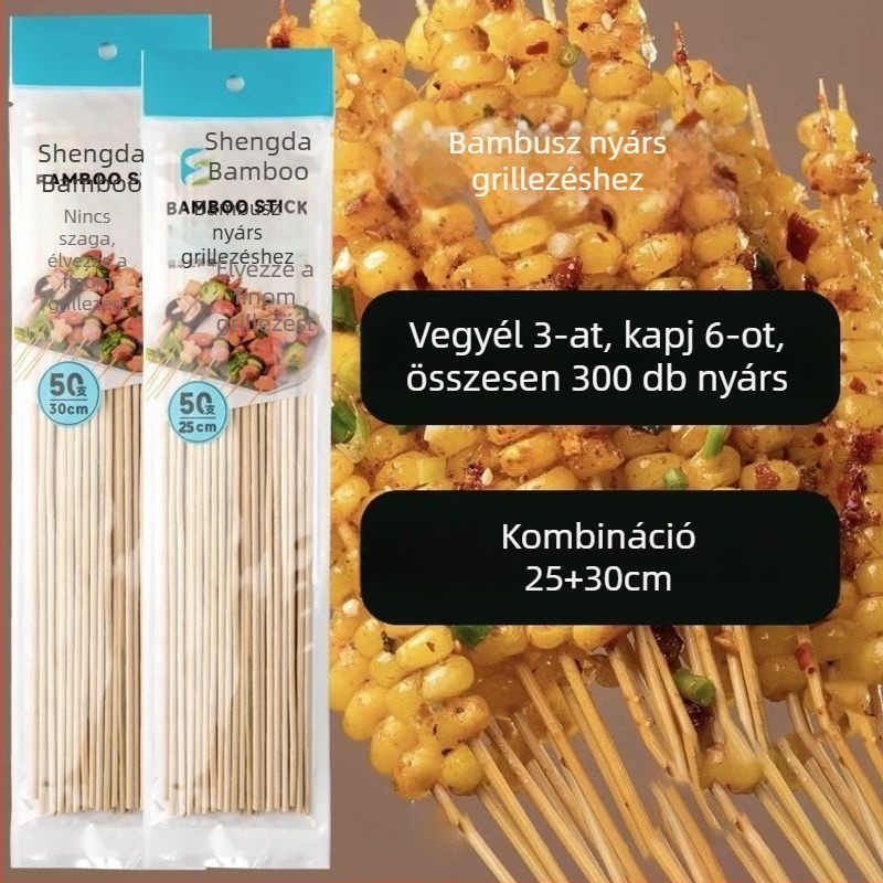 Elhasználható bambusznyárs grillhez – kolbász, odén és csípős hot pot, 25 cm hosszú, 0,15 mm vastagságú, 50 darab csomagolásonként, 2026 kiadás