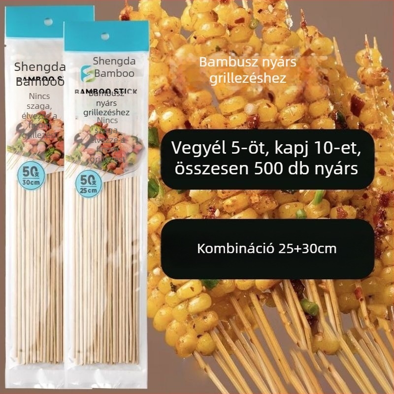 Elhasználható bambusznyárs grillhez – kolbász, odén és csípős hot pot, 25 cm hosszú, 0,15 mm vastagságú, 50 darab csomagolásonként, 2026 kiadás