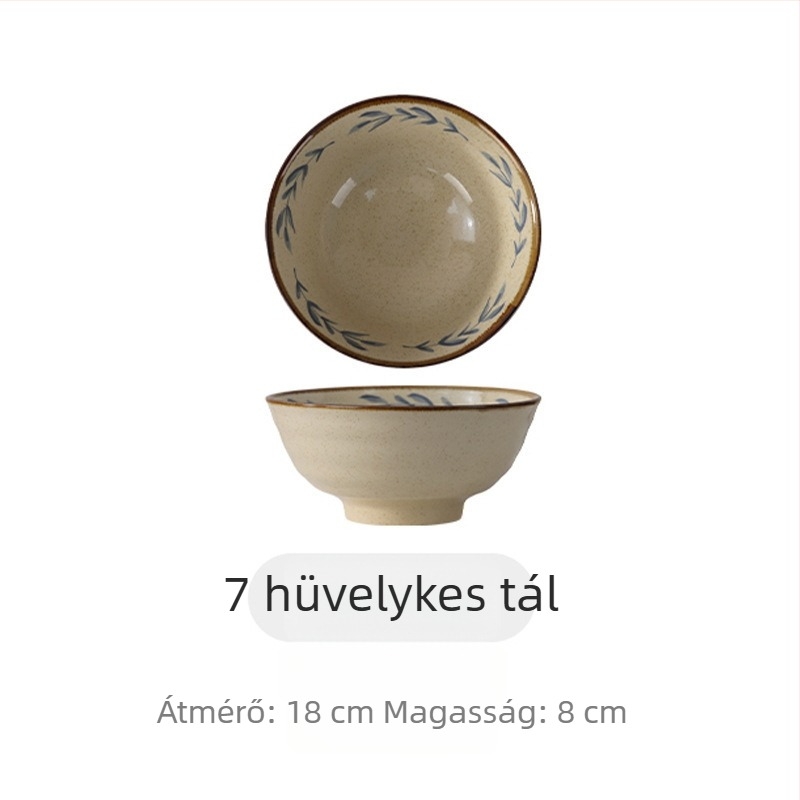 Vintage-stílusú kerámiás étkészlet aláglazúros felülettel, háztartási használatra: tálak, tányérok, leveses tálak, nudli- vagy tészta-tálak és vacsora-tálak.