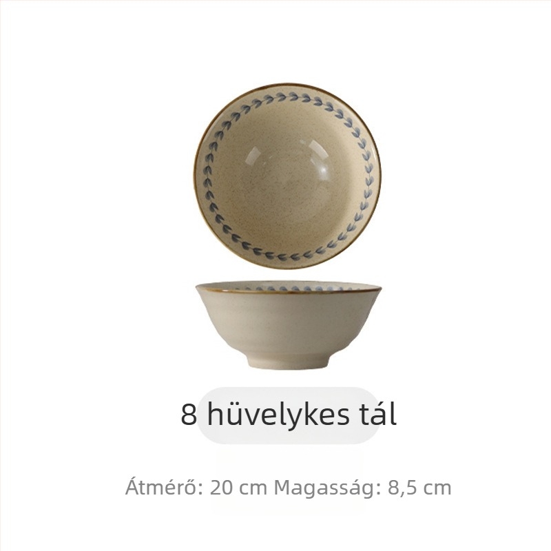 Vintage-stílusú kerámiás étkészlet aláglazúros felülettel, háztartási használatra: tálak, tányérok, leveses tálak, nudli- vagy tészta-tálak és vacsora-tálak.