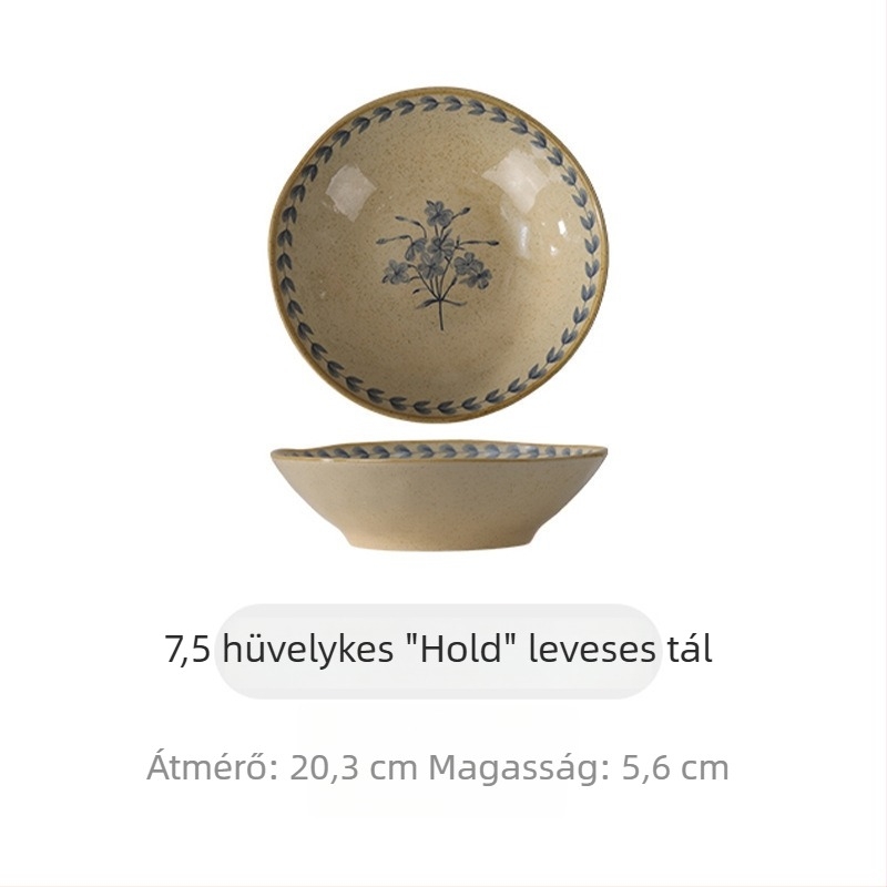 Vintage-stílusú kerámiás étkészlet aláglazúros felülettel, háztartási használatra: tálak, tányérok, leveses tálak, nudli- vagy tészta-tálak és vacsora-tálak.