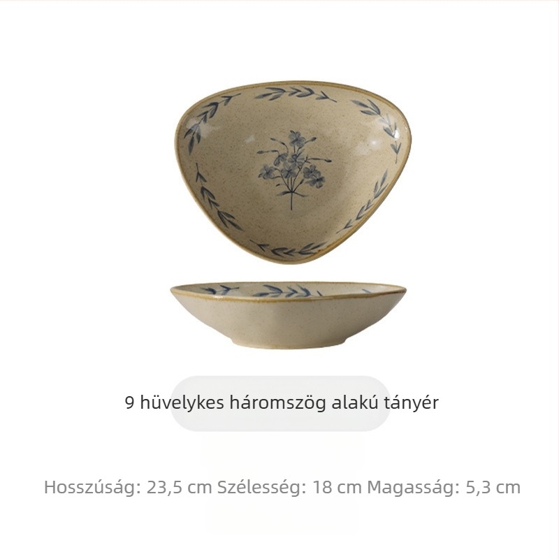Vintage-stílusú kerámiás étkészlet aláglazúros felülettel, háztartási használatra: tálak, tányérok, leveses tálak, nudli- vagy tészta-tálak és vacsora-tálak.