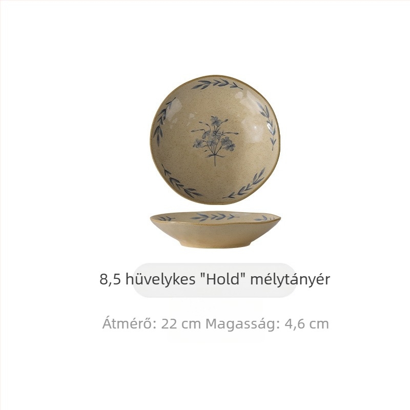 Vintage-stílusú kerámiás étkészlet aláglazúros felülettel, háztartási használatra: tálak, tányérok, leveses tálak, nudli- vagy tészta-tálak és vacsora-tálak.