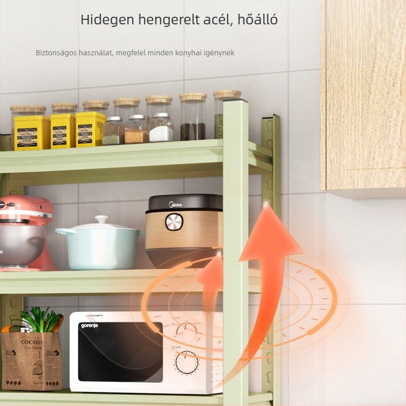 Padlón álló konyhai tárolóállvány, többemeletes fém polc mikrohullámú sütőhöz és sütőhöz, színes tároló
