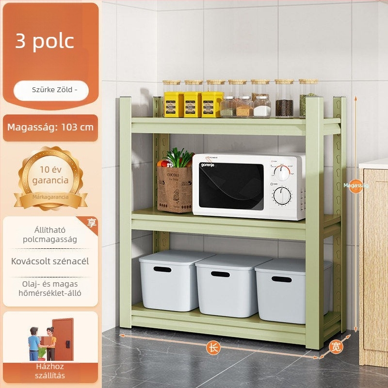Padlón álló konyhai tárolóállvány, többemeletes fém polc mikrohullámú sütőhöz és sütőhöz, színes tároló