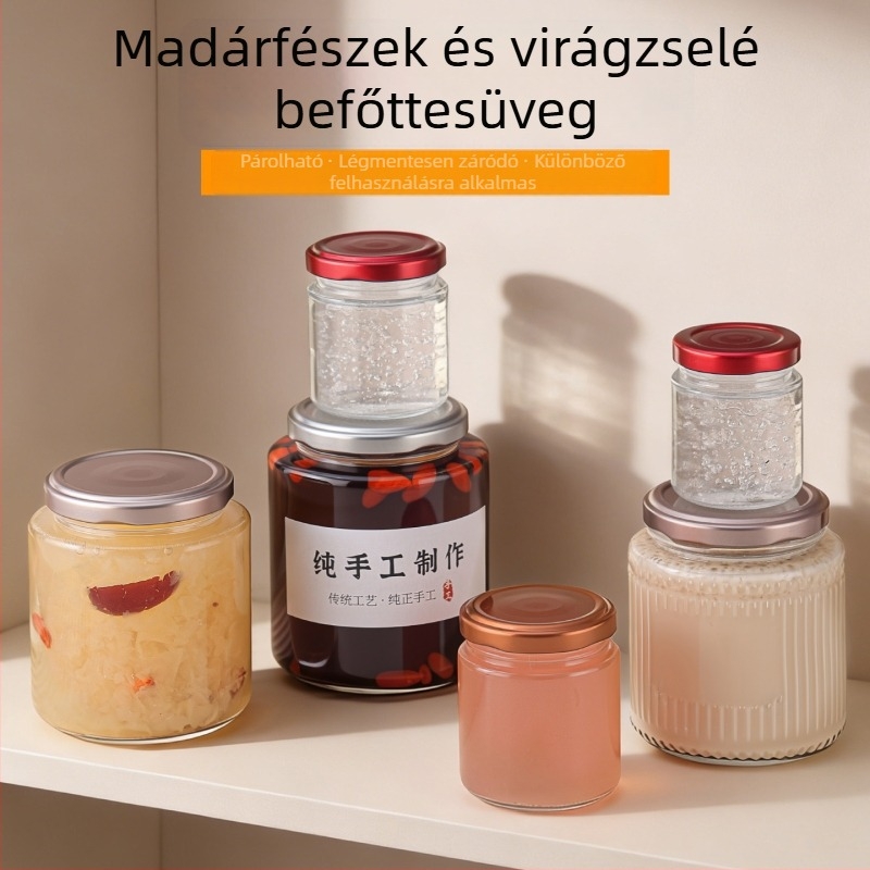 Vastagított üvegedények madárfészek és fish maw számára, kész a fogyasztásra, zárt üvegek, lekvárosüvegek