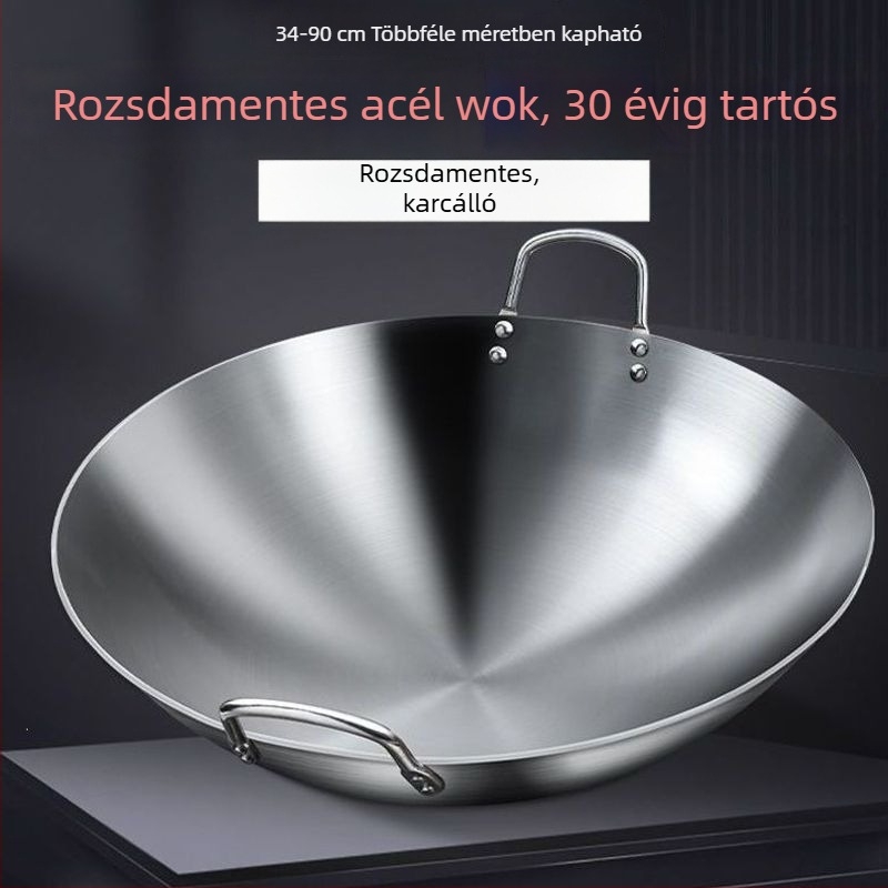304 nem mágneses, extrán vastag rozsdamentes acél wok két fogantyúval, kör aljzattal, nagy méret üzleti és otthoni használatra