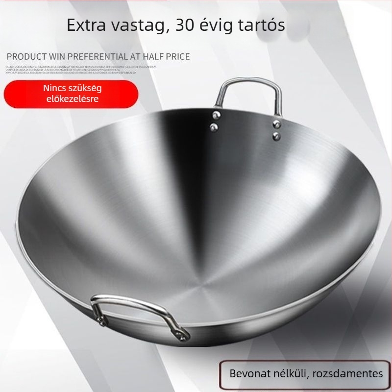 304 nem mágneses, extrán vastag rozsdamentes acél wok két fogantyúval, kör aljzattal, nagy méret üzleti és otthoni használatra