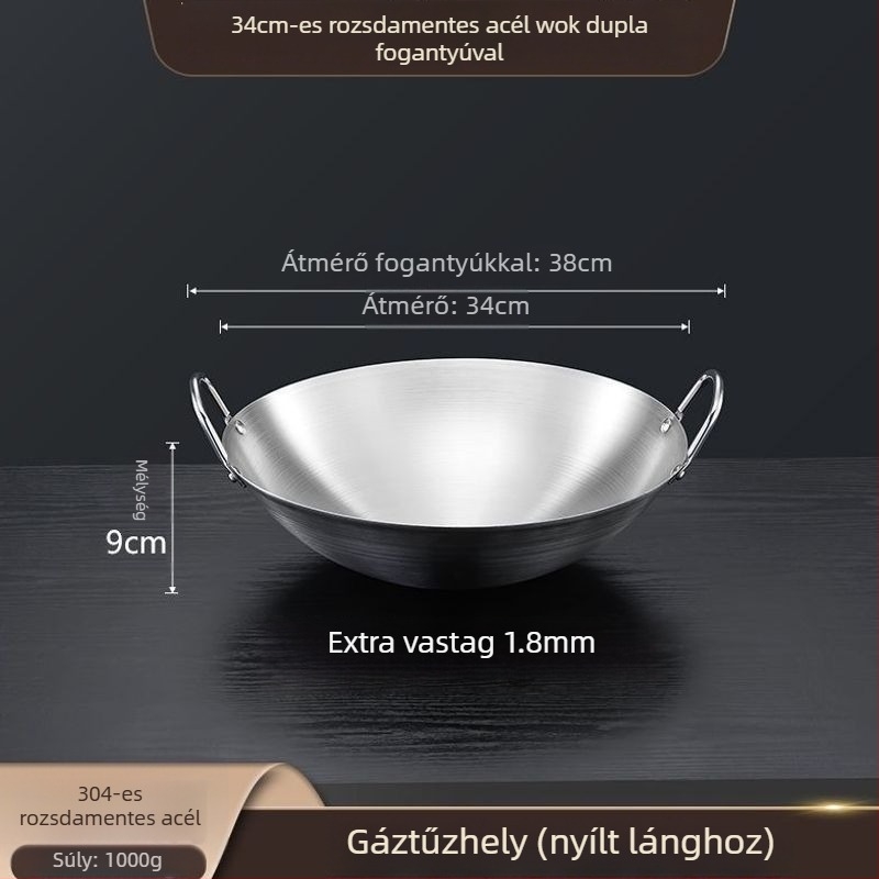 304 nem mágneses, extrán vastag rozsdamentes acél wok két fogantyúval, kör aljzattal, nagy méret üzleti és otthoni használatra
