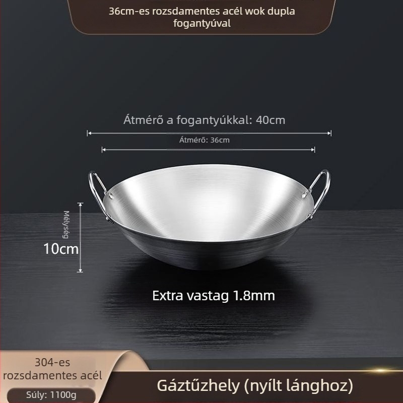 304 nem mágneses, extrán vastag rozsdamentes acél wok két fogantyúval, kör aljzattal, nagy méret üzleti és otthoni használatra
