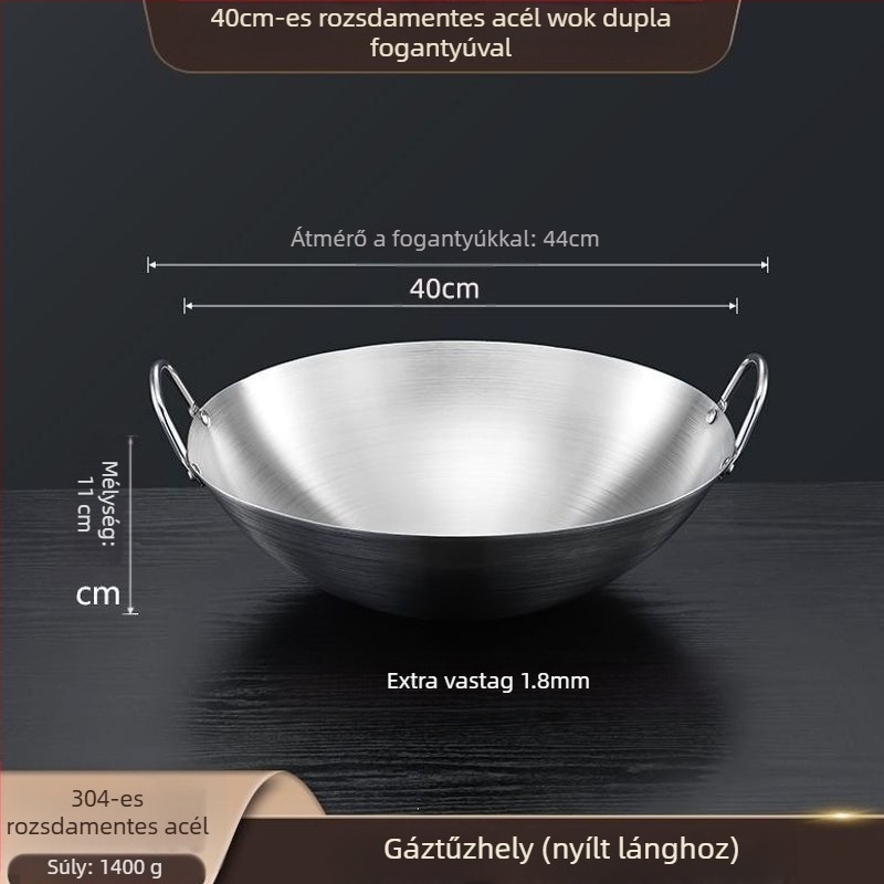 304 nem mágneses, extrán vastag rozsdamentes acél wok két fogantyúval, kör aljzattal, nagy méret üzleti és otthoni használatra