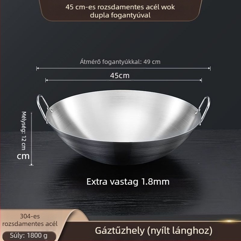 304 nem mágneses, extrán vastag rozsdamentes acél wok két fogantyúval, kör aljzattal, nagy méret üzleti és otthoni használatra
