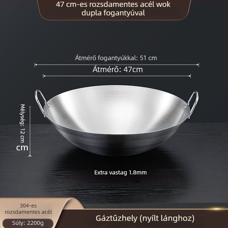 304 nem mágneses, extrán vastag rozsdamentes acél wok két fogantyúval, kör aljzattal, nagy méret üzleti és otthoni használatra