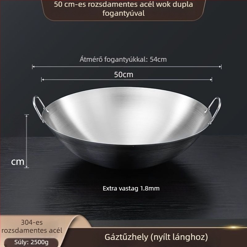 304 nem mágneses, extrán vastag rozsdamentes acél wok két fogantyúval, kör aljzattal, nagy méret üzleti és otthoni használatra