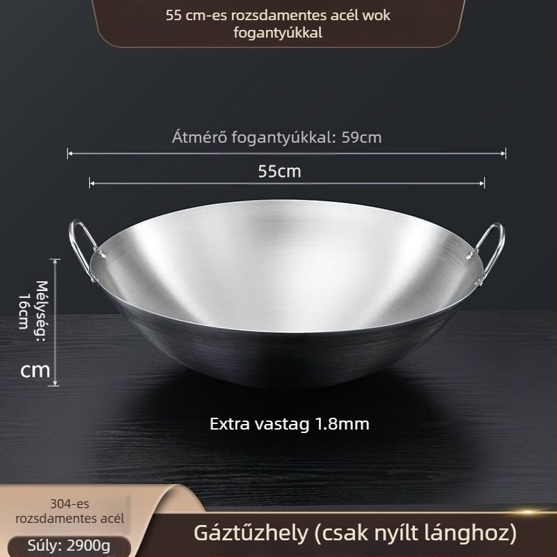 304 nem mágneses, extrán vastag rozsdamentes acél wok két fogantyúval, kör aljzattal, nagy méret üzleti és otthoni használatra