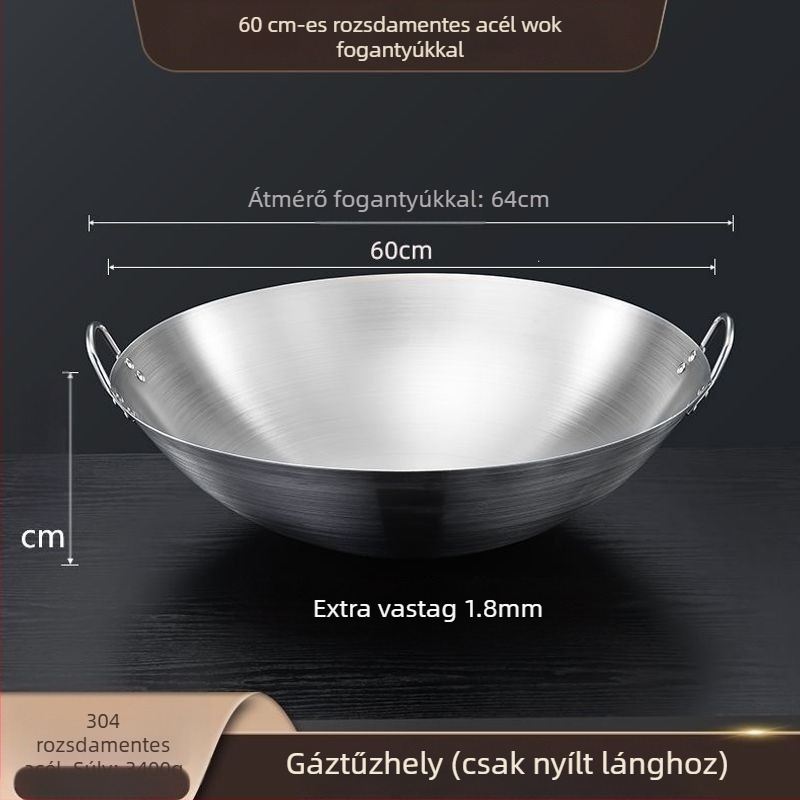 304 nem mágneses, extrán vastag rozsdamentes acél wok két fogantyúval, kör aljzattal, nagy méret üzleti és otthoni használatra
