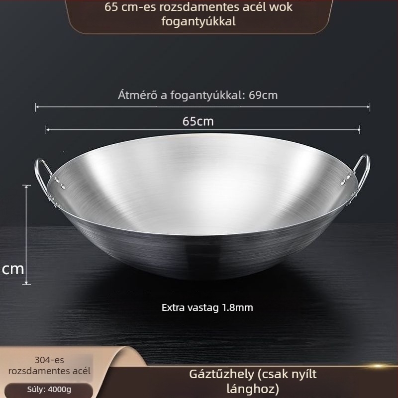 304 nem mágneses, extrán vastag rozsdamentes acél wok két fogantyúval, kör aljzattal, nagy méret üzleti és otthoni használatra