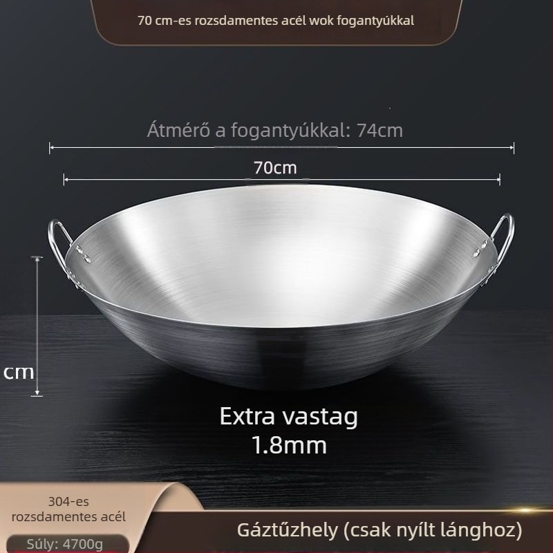 304 nem mágneses, extrán vastag rozsdamentes acél wok két fogantyúval, kör aljzattal, nagy méret üzleti és otthoni használatra