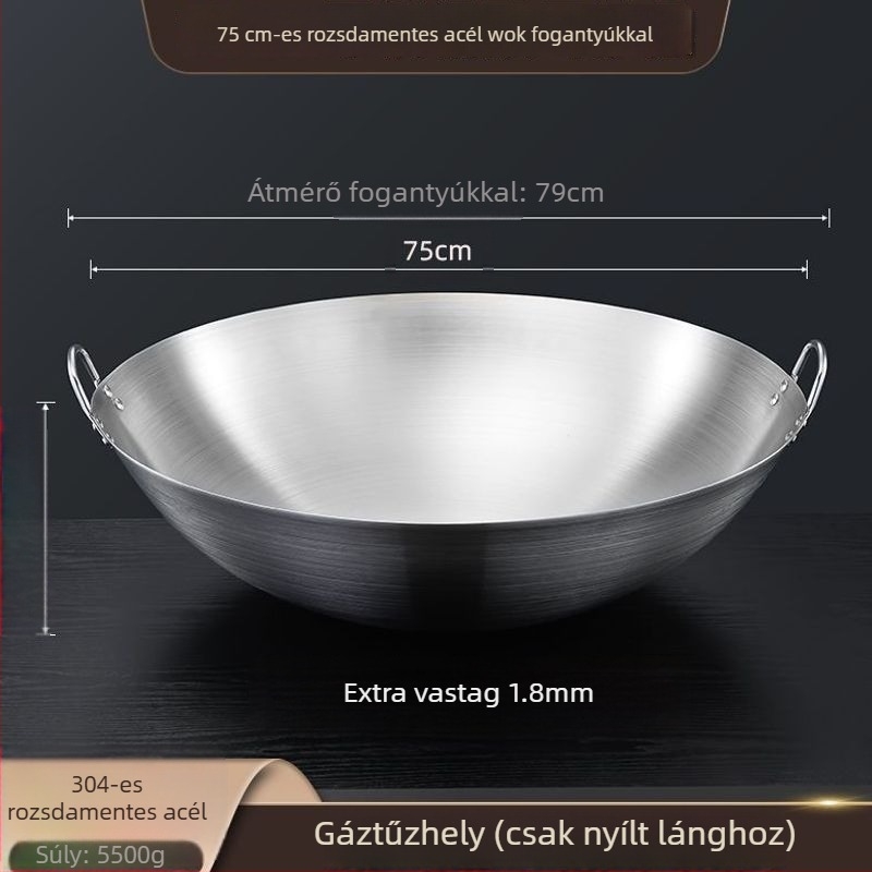 304 nem mágneses, extrán vastag rozsdamentes acél wok két fogantyúval, kör aljzattal, nagy méret üzleti és otthoni használatra