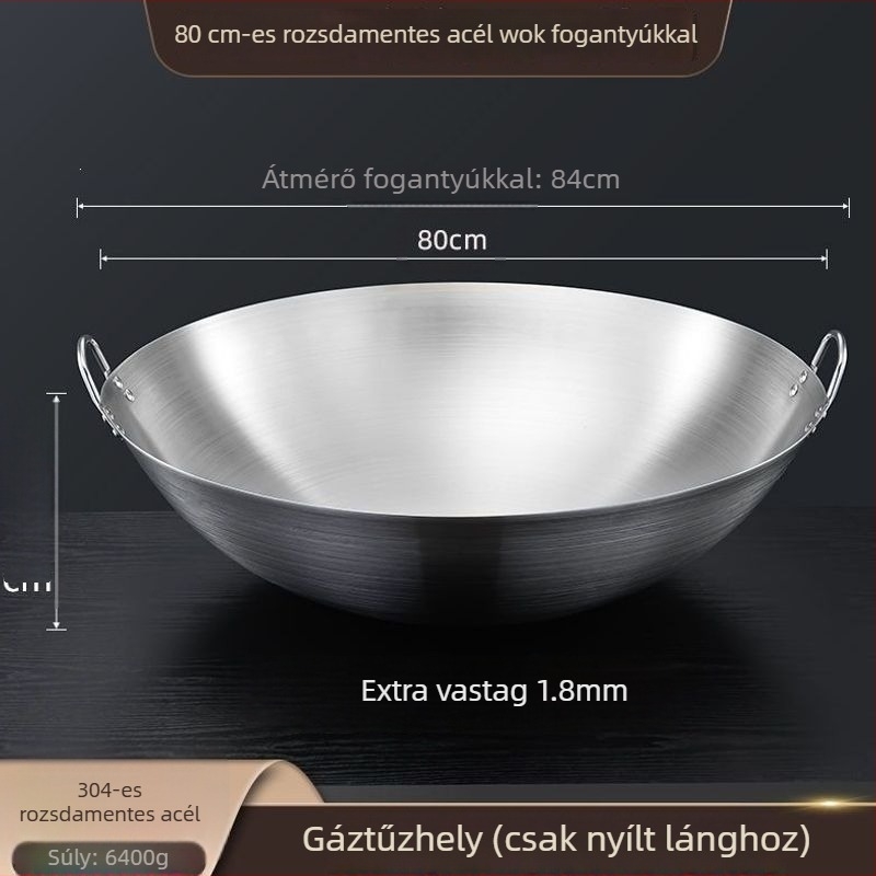 304 nem mágneses, extrán vastag rozsdamentes acél wok két fogantyúval, kör aljzattal, nagy méret üzleti és otthoni használatra