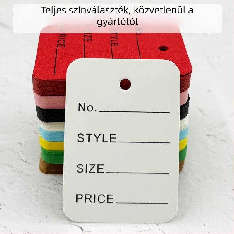 Ruhacímkék készlet: üres árcímkék kraft papíron, kis címkék cipőkhöz és sapákhoz, színes bőrhatású ruhacímkék
