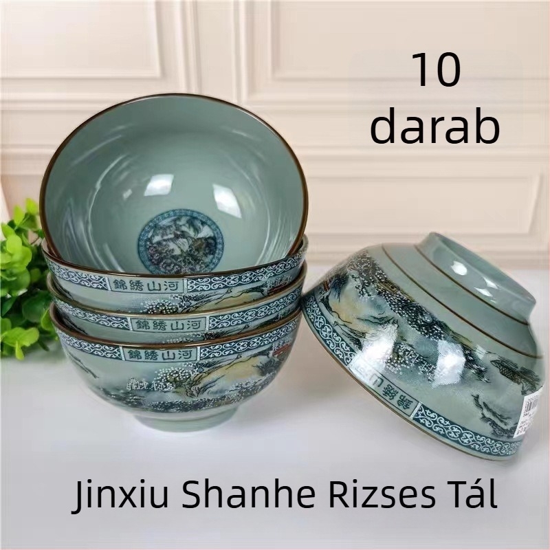 Porcelánrizs tál készlet hegység- és folyó motívummal; tartalmaz rizs tálat, kis és nagy leveses tálat és tészta tálat otthoni használatra