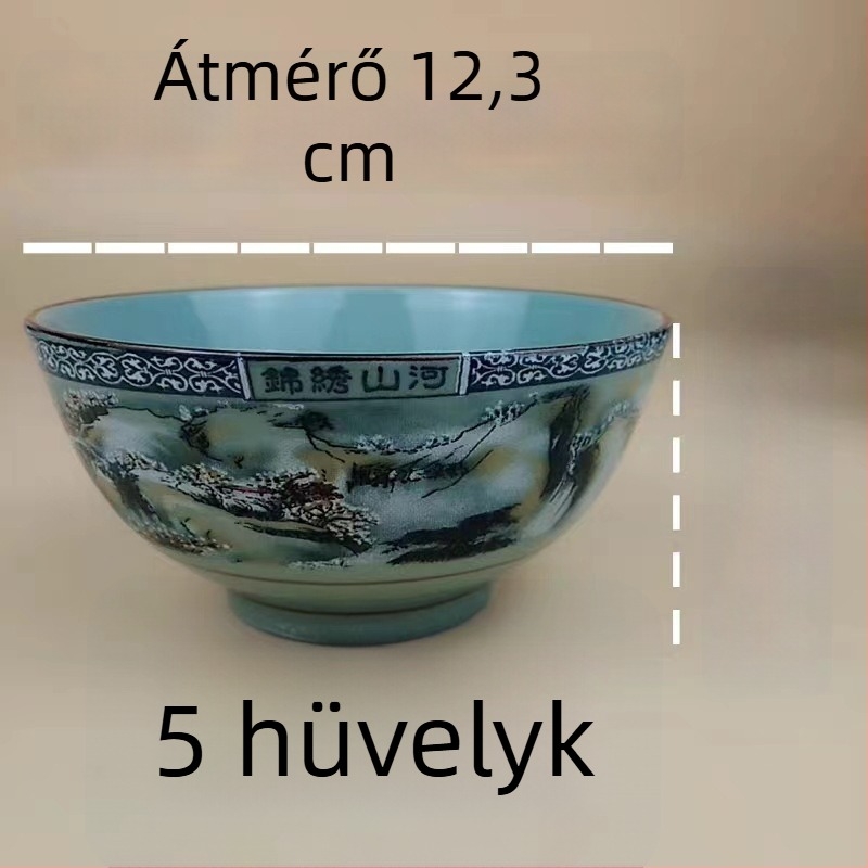 Porcelánrizs tál készlet hegység- és folyó motívummal; tartalmaz rizs tálat, kis és nagy leveses tálat és tészta tálat otthoni használatra