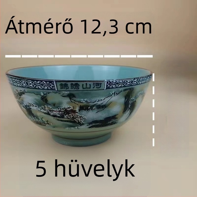 Porcelánrizs tál készlet hegység- és folyó motívummal; tartalmaz rizs tálat, kis és nagy leveses tálat és tészta tálat otthoni használatra