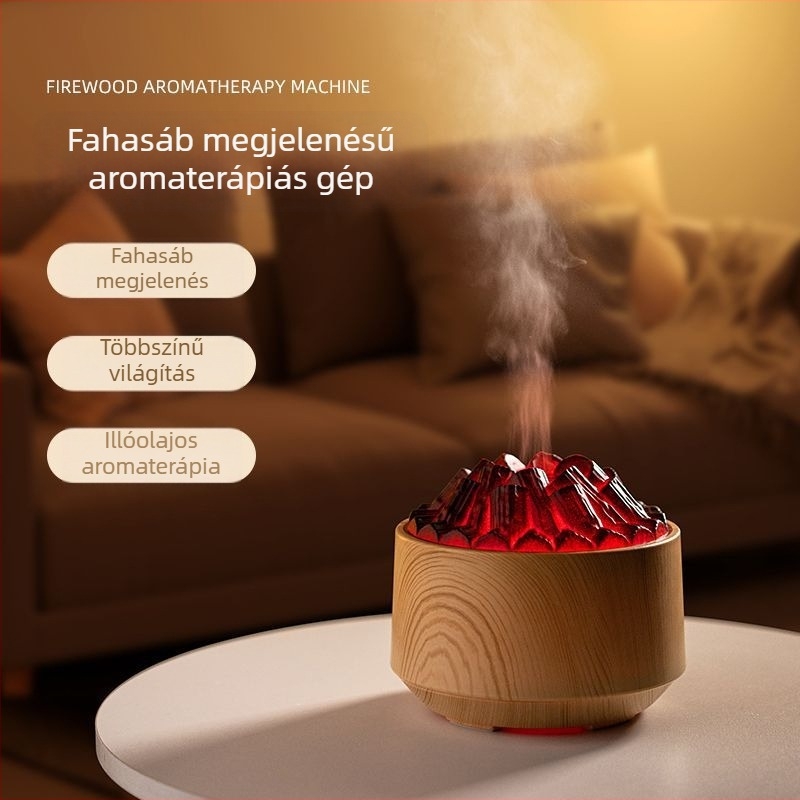 Láng ihlette párásító, kompakt asztali készülék, szimulált parázsló lánggal, színes hangulati világítás, intelligens aromadiffúzor