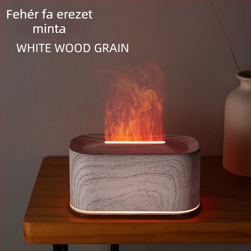 Láng ihlette párásító, kompakt asztali készülék, szimulált parázsló lánggal, színes hangulati világítás, intelligens aromadiffúzor
