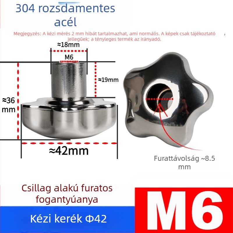 304 rozsdamentes acél kézi kerék átfúrt lyukkal, virág- és csillag alakú fogantyúval, csavarsapka, kézi forgó gomb, záróanya