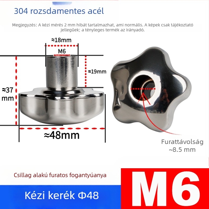 304 rozsdamentes acél kézi kerék átfúrt lyukkal, virág- és csillag alakú fogantyúval, csavarsapka, kézi forgó gomb, záróanya