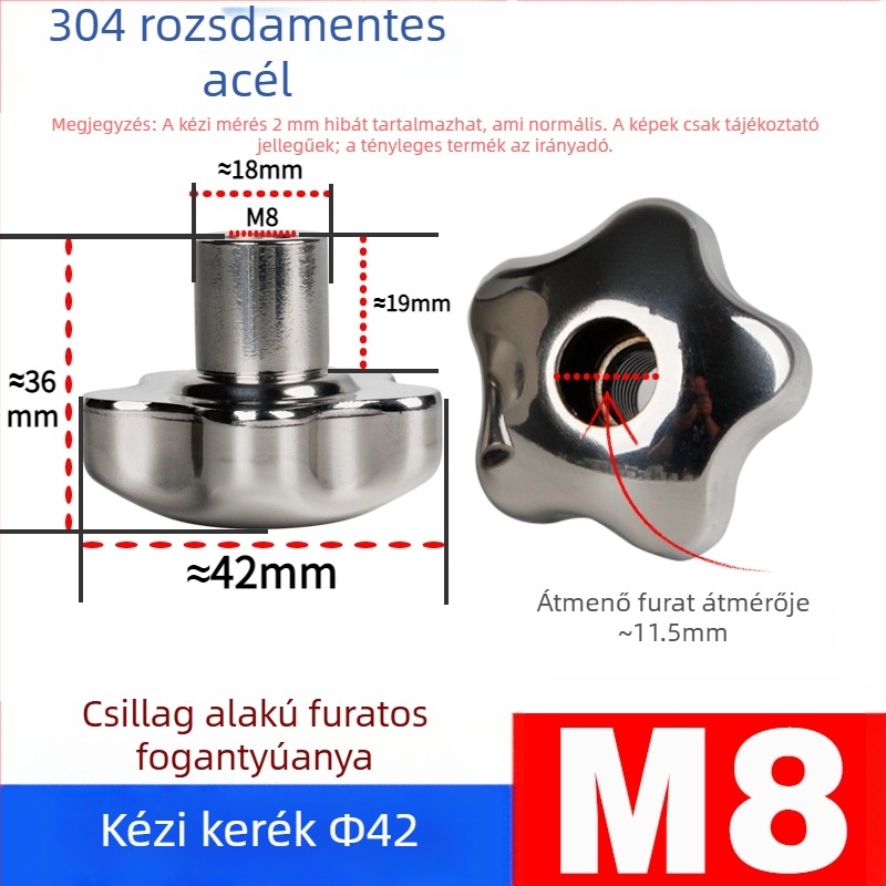 304 rozsdamentes acél kézi kerék átfúrt lyukkal, virág- és csillag alakú fogantyúval, csavarsapka, kézi forgó gomb, záróanya