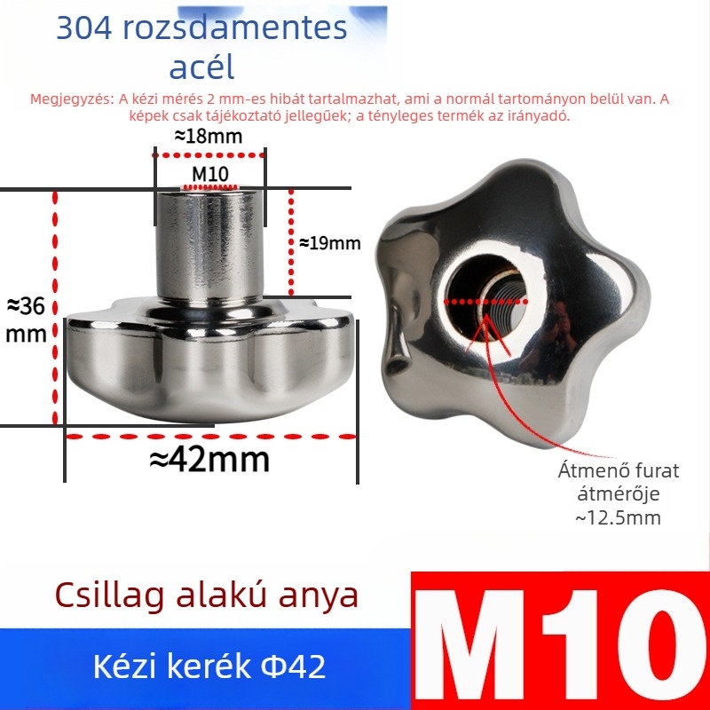 304 rozsdamentes acél kézi kerék átfúrt lyukkal, virág- és csillag alakú fogantyúval, csavarsapka, kézi forgó gomb, záróanya